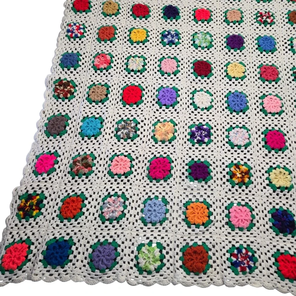 Vintage 3D Crochet Granny Square Blanket Floral White Handmade Afghan Throw